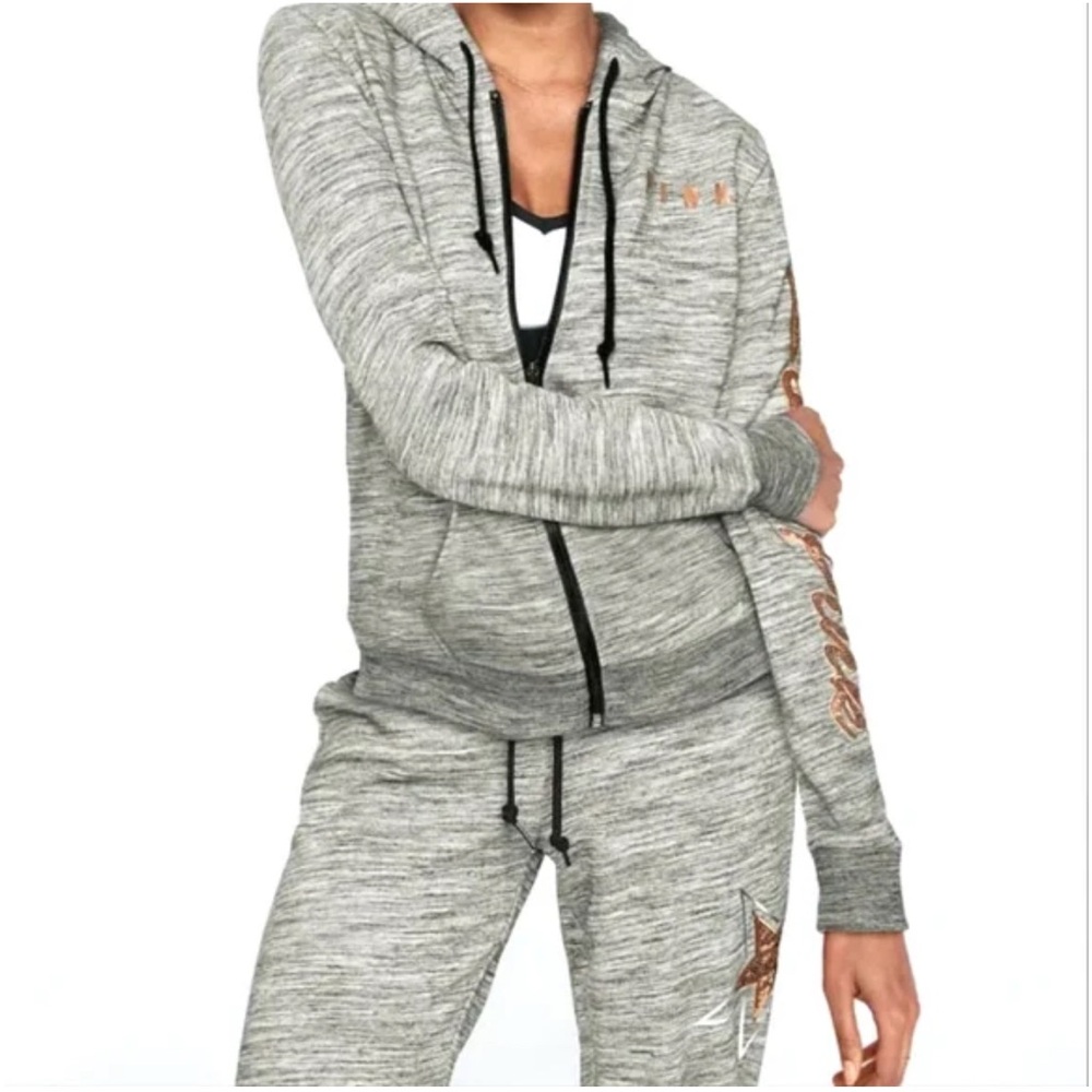 PINK Victoria's Secret Heathered Gray Sequin Star Front Zip Hoodie Size Large